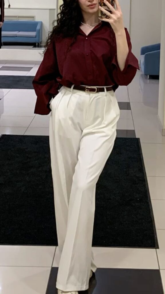 white pants with wine shirt
